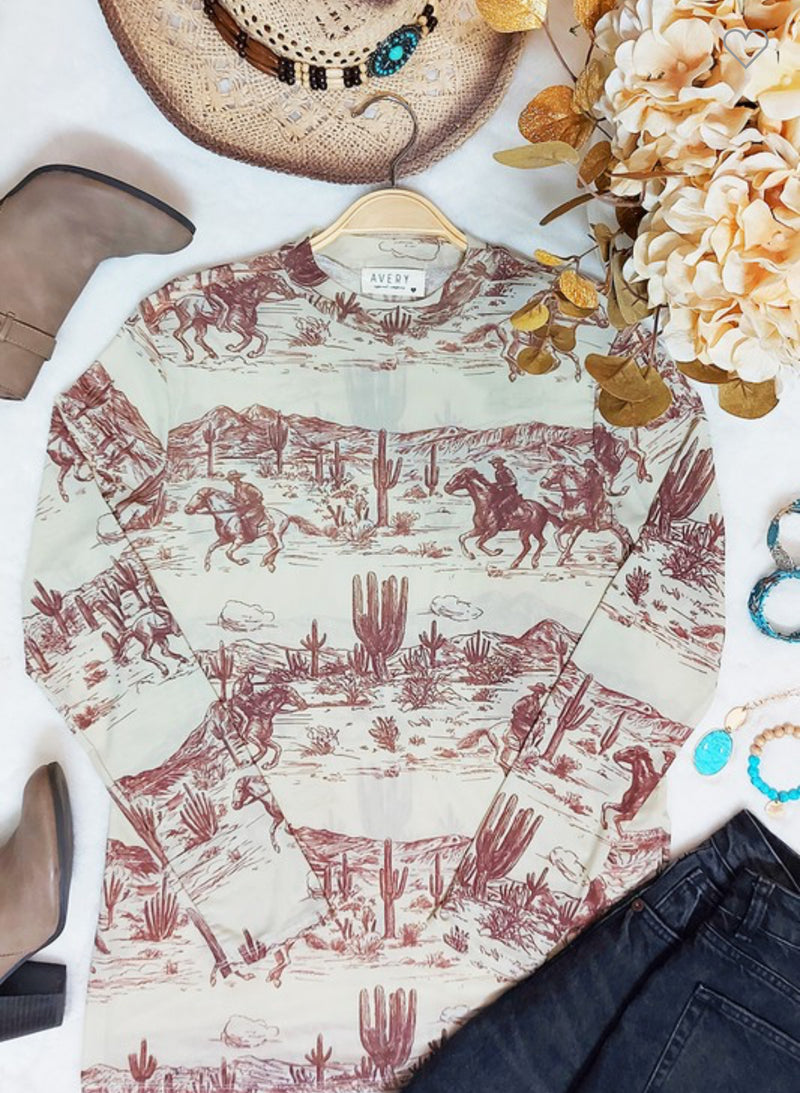 Mocha Western Print Mesh Top